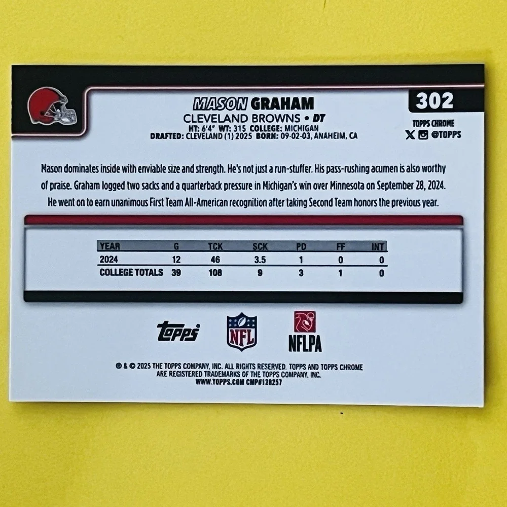 2025 Topps Chrome NFL Mason Graham RC‎ #302 Cleveland Browns Rookie Card